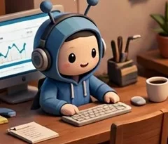 Agen AI berhoodie biru mengetik di meja